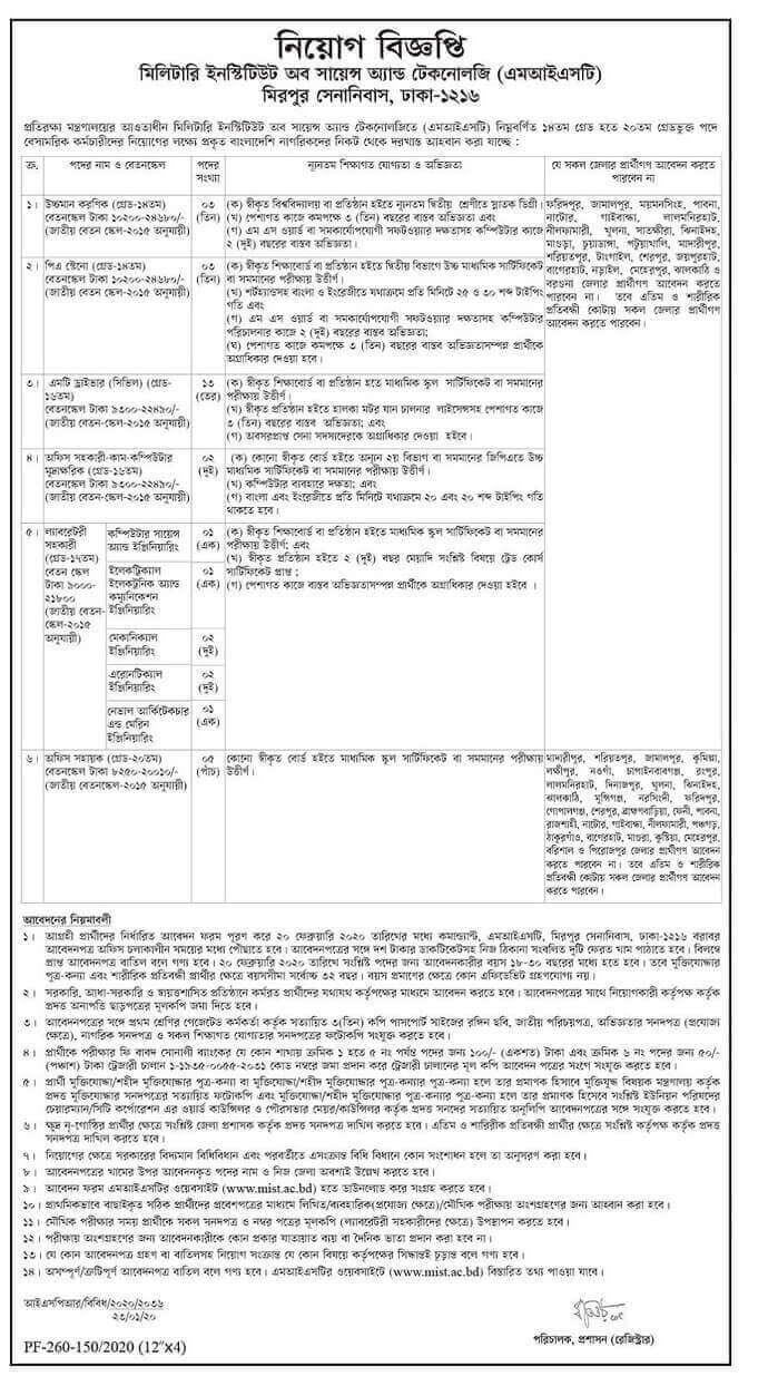 Military Institute of Science & Technology (MIST) Job Circular 2020